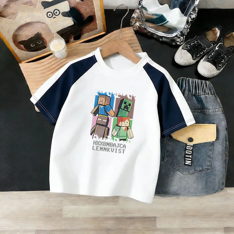 100% algodão meninos cor-bloqueando em torno do pescoço de manga curta camiseta 2026 verão médio grande crianças bebê mo