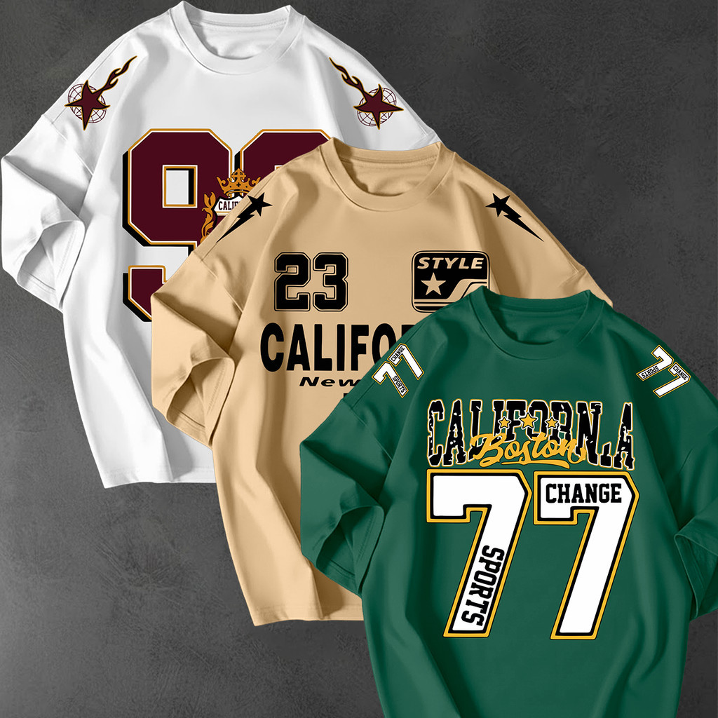 Kit 3 Camisetao Oversized Streetwear Estampa California 77 Unissex 100 Algodao Fio 30.1 Casual Top Fio 30.1