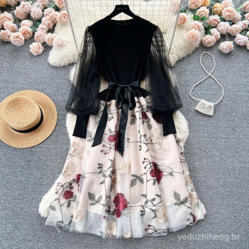 Vestido longo de malha estilo francês, corte em A, elegante com bordados, modelo primavera/outono, vintage e justo ao co