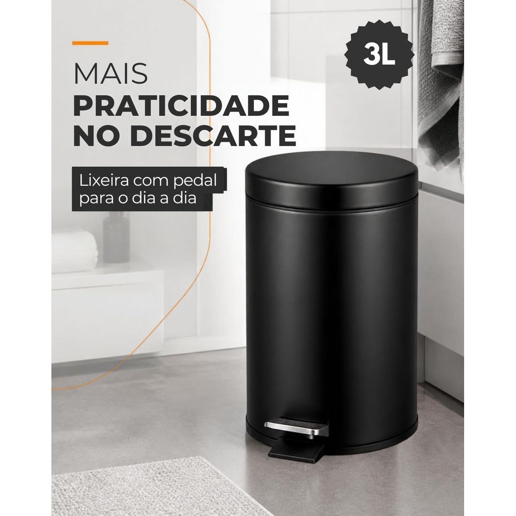 Lixeira Metálica Preta com Pedal – 3L