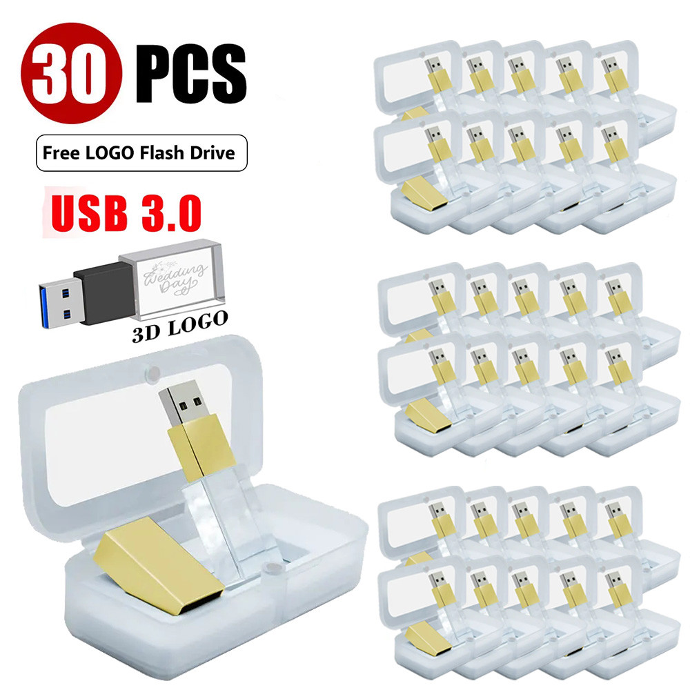 30 Pçs/Lote Logotipo 3D Grátis 32GB USB 3.0 Flash Drive Rosa Ouro Cristal Personalizado P…