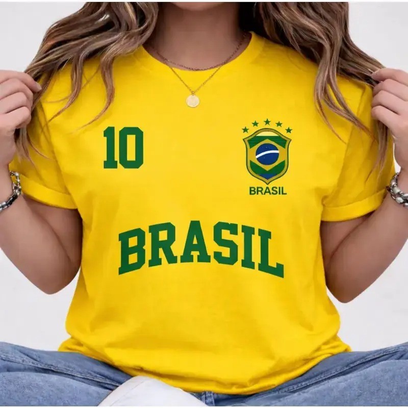 Camiseta Seleção Brasileira Feminina Casual Copa do Mundo 100% Algodão Feminina Brasil Estilo Torcedora Seleção