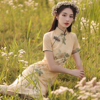 Cheongsam 2024 novo estilo feminino verão simples elegante Retro estilo chinês flor comprimento médio estilo jovem vesti