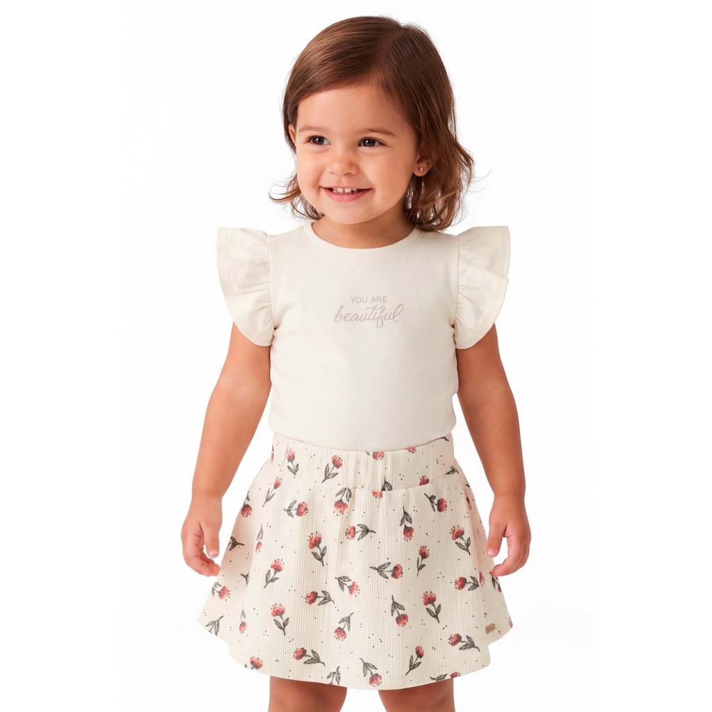 Conjunto Curto Infantil Menina Bordado Colorittá Bege