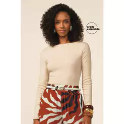 Blusa Manga Longa Feminina Pérolas Marialícia Bege