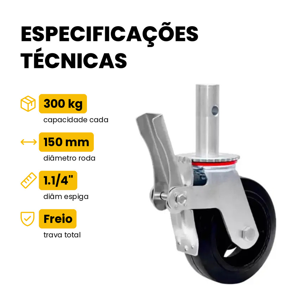 Kit 3 Rodízios Para Andaime Com Freio 6x2 150mm JST 300kg Espiga Maciça · foto 2
