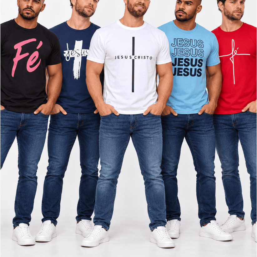 Camiseta Masculina Estampadas Religiosas Jesus e Fé em  Algodão P ao GG Cores e estampas Sortidas