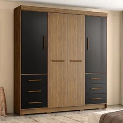 Guarda Roupa Casal 4 Portas 6 Gavetas Estrela Nogueira/Preto