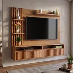 Painel Ripado para TV até 65 Polegadas MDF 180,5CMX149CM 1 Porta Acabamento Mel Provence Viero Bege Mel