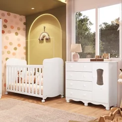 Quarto de Bebê Berço com Rodízios Cômoda 1 Porta Janelada 100% MDF Lana Espresso Móveis Branco Branco/Brilho