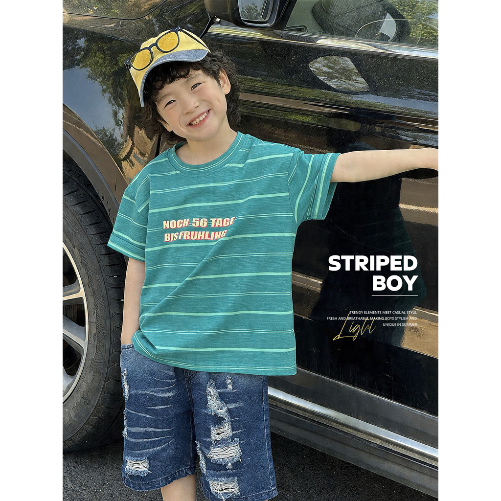 Meninos verde listrado camiseta de manga curta 2026 novo estilo verão legal bonito crianças Slub algodão verão moda topo