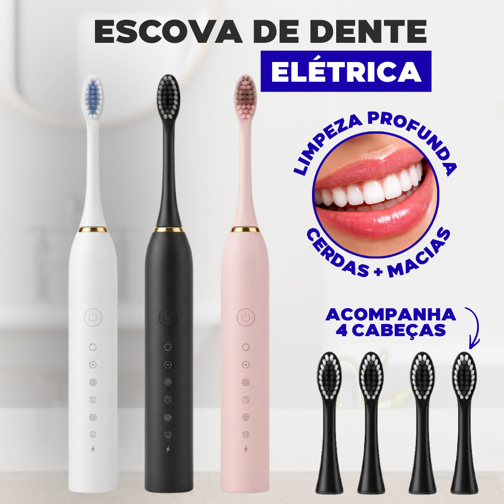 Escova de Dentes Elétrica Extra Macia Sonic + 4 Refis Grátis - Recarregável A Prova D'água