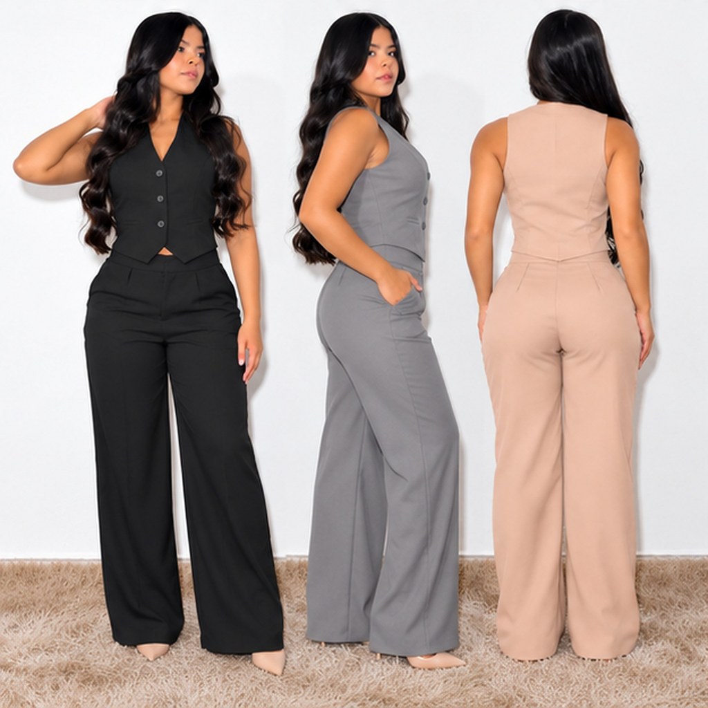 Conjunto Feminino Alfaiataria Blusa Colete e Calça Pantalona Social Elegante com Botão Moda Evangélica Outono Inverno