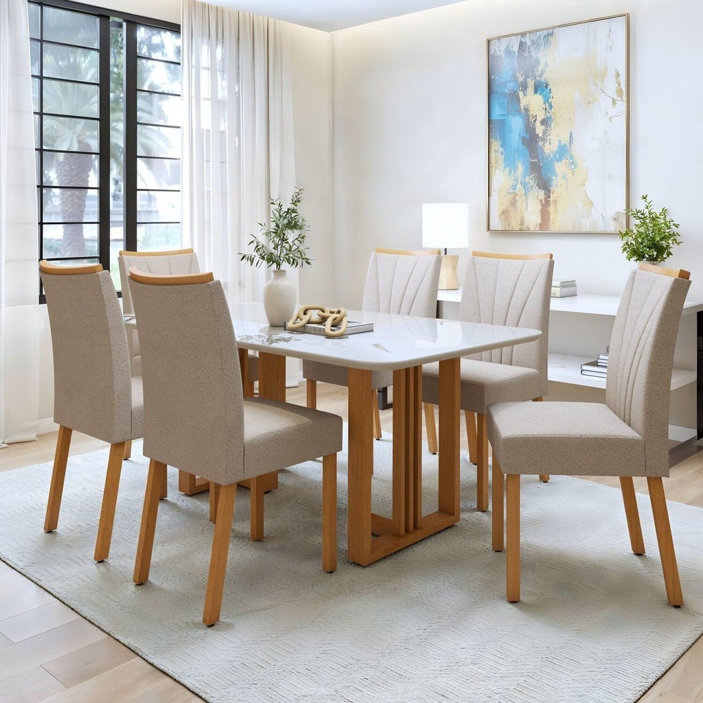 Conjunto Sala de Jantar 6 Lugares Retangular Tampo Vidro/MDF Mesa Bold e Cadeiras Pés Madeira Jade Amêndoa Clean/Off