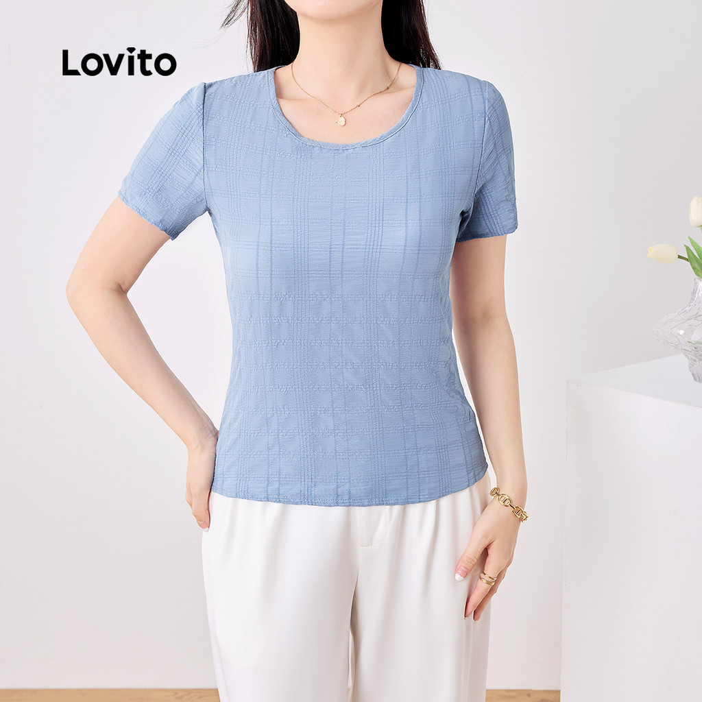 Detalhes do Lovito Blusa Casual Básica de Boa Textura para Primavera/verão Blusa Azul para Mulheres LB134LD302