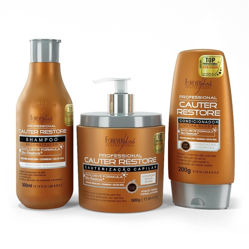 Kit Cauterização Capilar Forever Liss- Cauter Restore Shampoo, Mascara e Condicionador