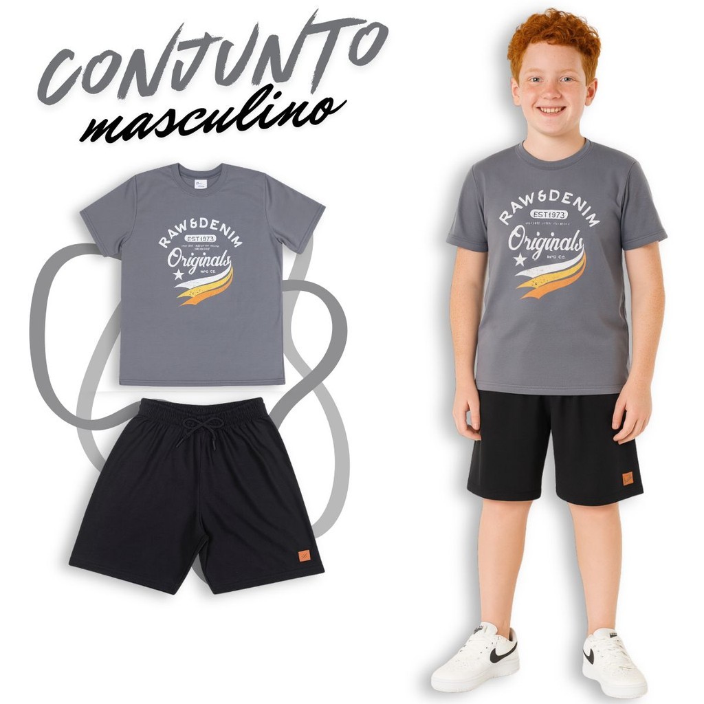 Conjunto Infantil Menino 100% Algodão – Camiseta Estampada + Bermuda com Cadarço Decorativo
