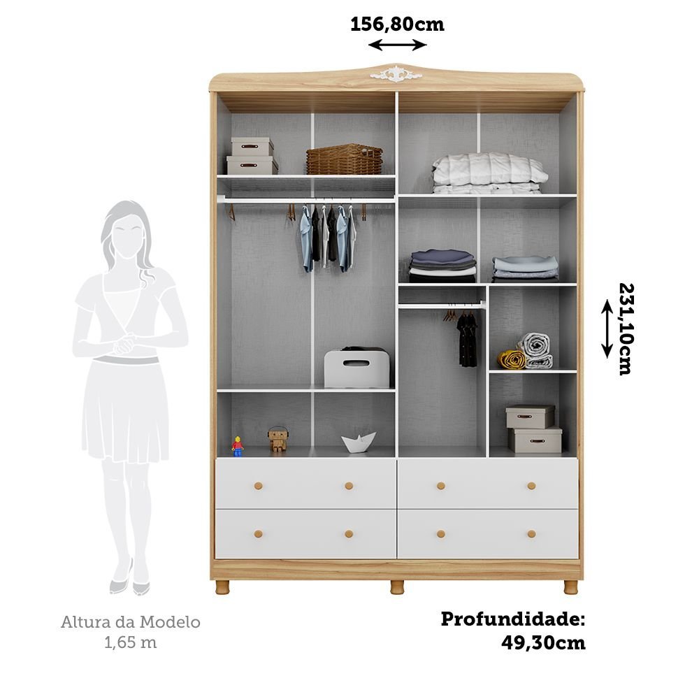 Detalhes do Guarda-roupa de Bebê 156,80cm 4 Portas com Janela 4 Gavetas 100% Mdf Maya Provençal Espresso Móveis Branco/Amêndoa