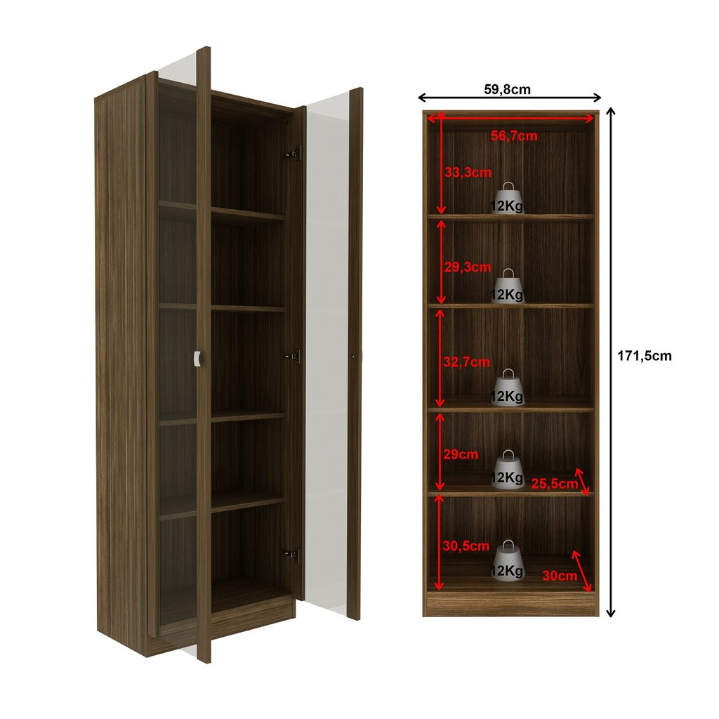 Detalhes do Armário para Escritório com 2 Portas de Vidro e 5 Prateleiras ME4115 Nogal