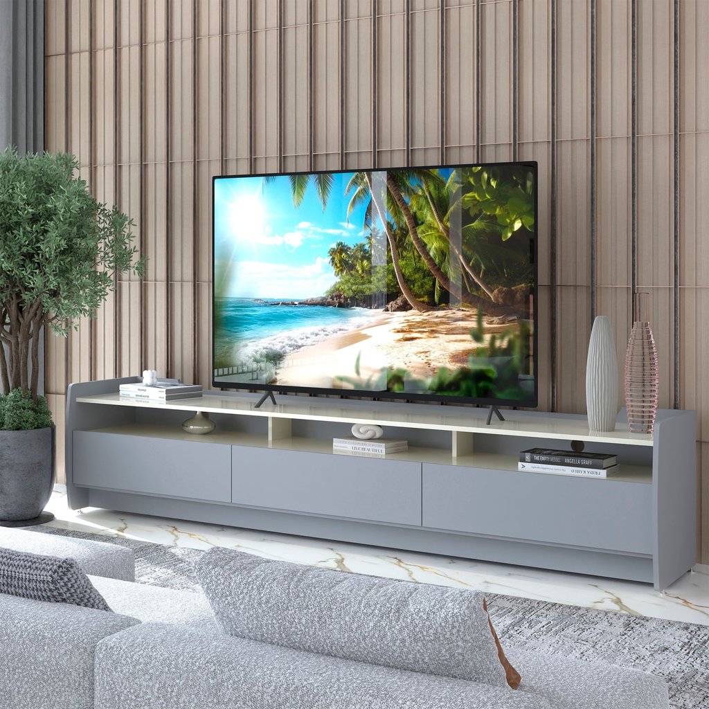 Rack para TV até 90 Polegadas 3 Gavetas 3 Nichos Sublime 220 100% MDF Cinza/Off White em Oferta na Shopee