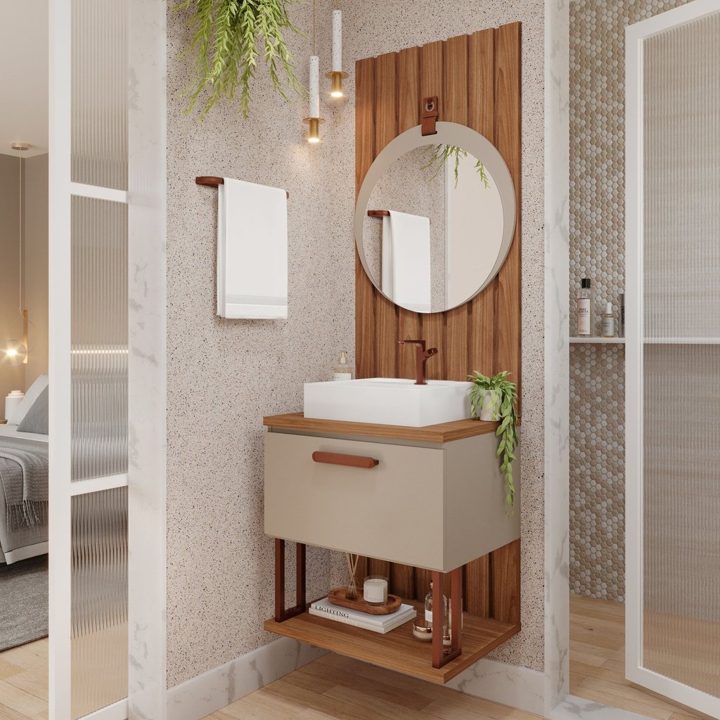 Gabinete Suspenso com Cuba, Painel Ripado e Espelheira 60cm Mari Espresso Móveis Cappuccino em Oferta na Shopee