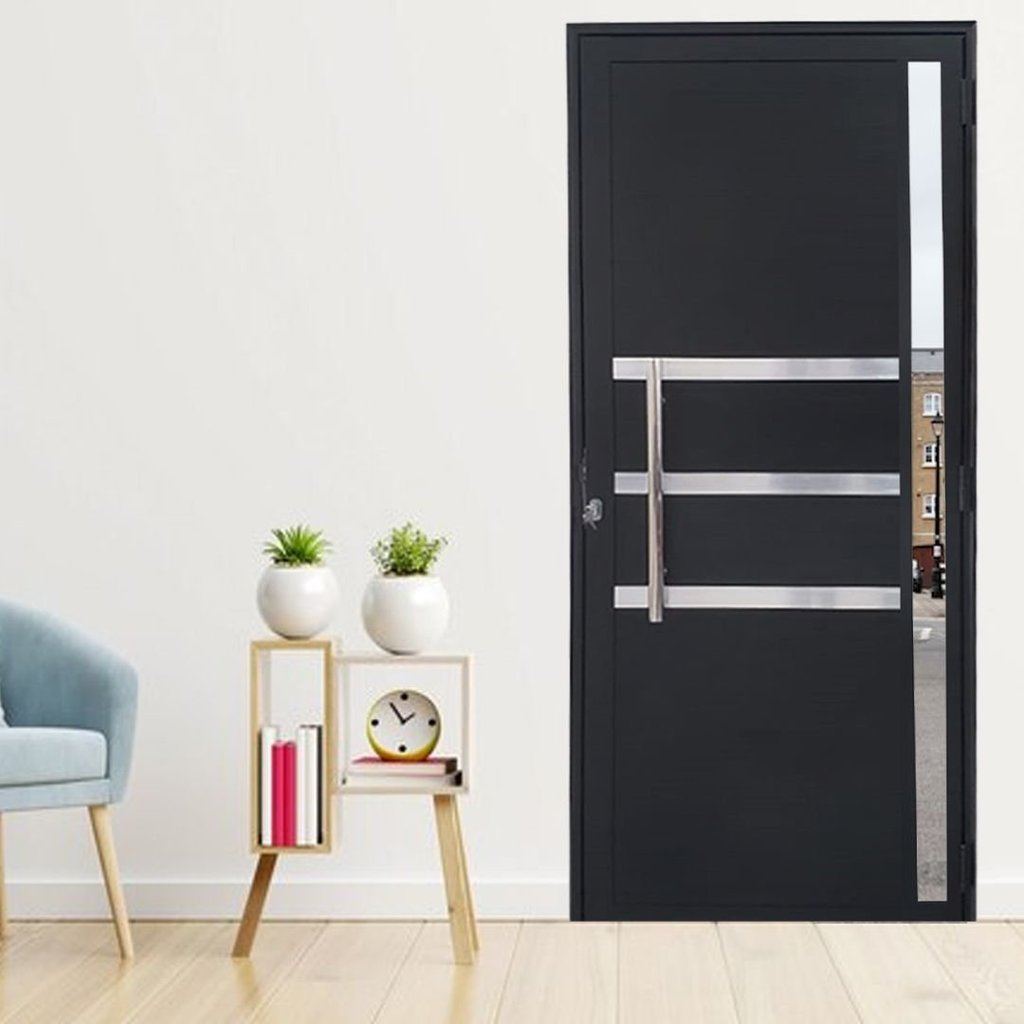 Porta Lambril de Alumínio 210 x 80cm com Friso e Visor Linha Veneza  Abertura Esquerda Preto