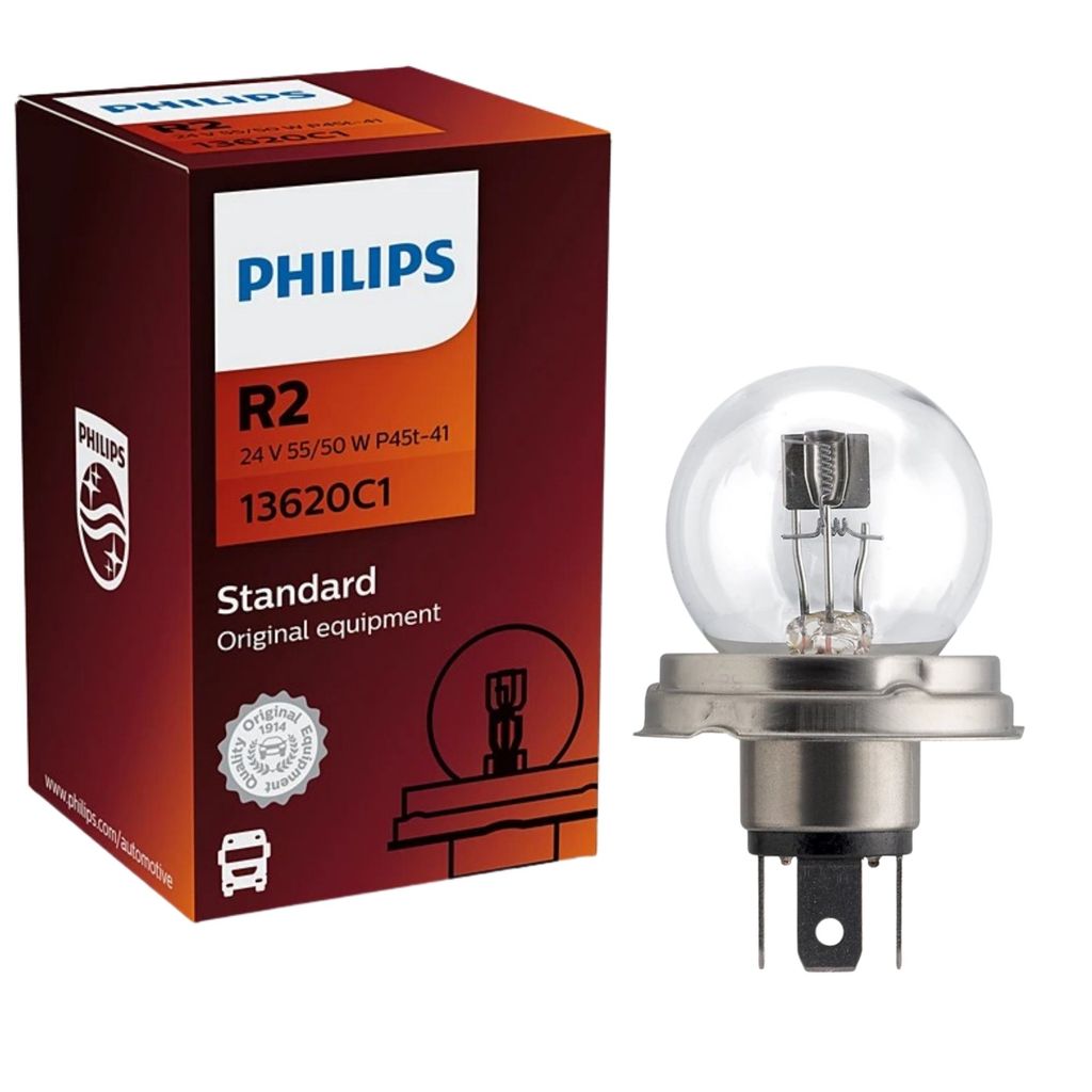 LÂMPADA UNITÁRIA HALÓGENA PHILIPS STANDARD FAROL ALTO E BAIXO R2 55/50W 24V ÔNIBUS CAMINHÃO