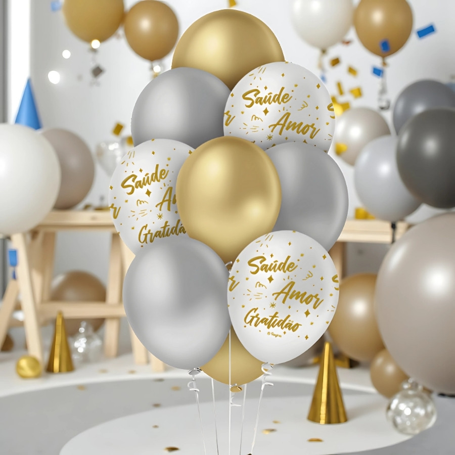 Balão de Festa Redondo Decorado 10"25cm Ano Novo - Ouro, Prata e Branco - 10 unidades - Regina - Rizzo