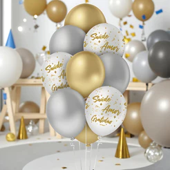 Balão de Festa Redondo Decorado 10"25cm Ano Novo - Ouro, Prata e Branco - 10 unidades - Regina - Rizzo