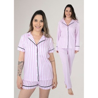 KIT Pijama Americano Curto + Pijama Americano Longo - Listrado Rosa