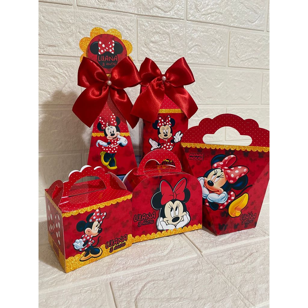 Caixinha Personalizada Tema Minnie Vermelha Dourada - Kit Lembrancinha Festa Infantil Pegue e Monte