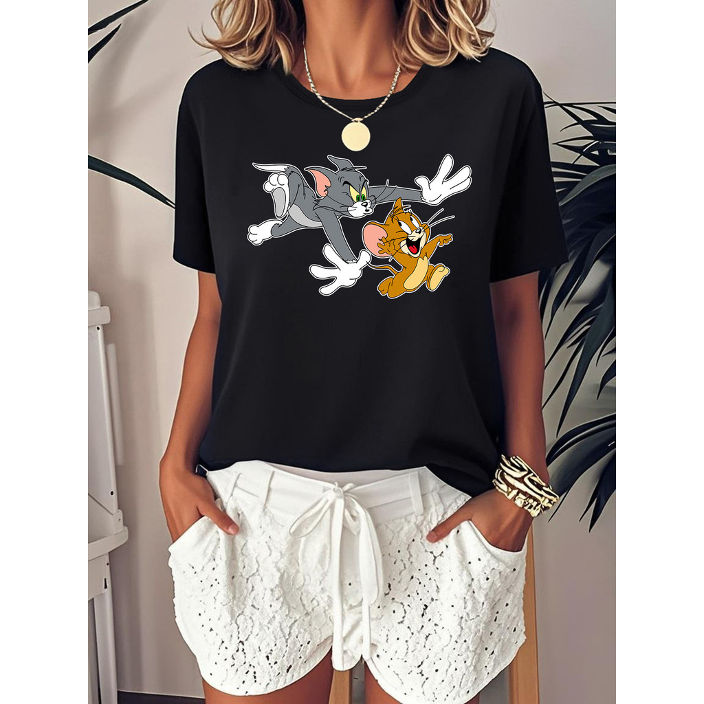 BR.Moonlight Camiseta Feminina Tom Jerry Gato Rato Cartoon Estampada Confortável Divertida Estilosa Moda Casual