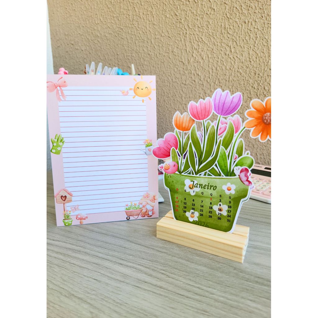 Kit Papelaria Cantinho do Jardim – Bloco de Mesa A5 + Calendário de Mesa Decorativo Tulipas