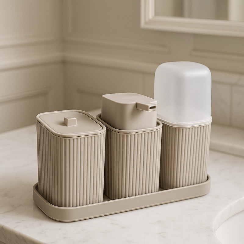 Kit 3 Acessórios Banheiro Lavabo Com Bandeja Dispense Sabonete Líquido Porta Algodão Porta Escovas em Oferta na Shopee