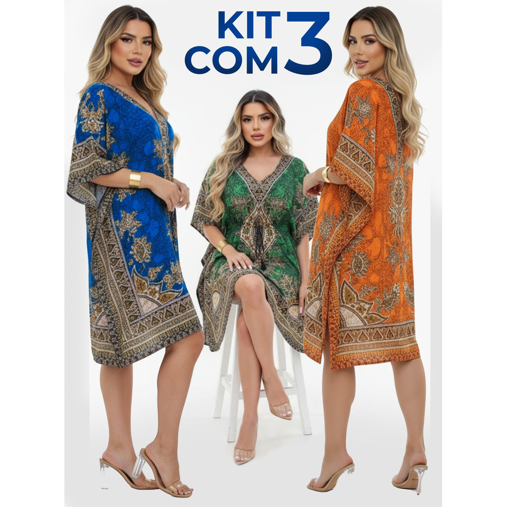 Kit 3 Kaftans Curtas Indianas Femininas – Saída de Praia Leve e Fresca, Tecido Poliéster Amplo, Verão 2025