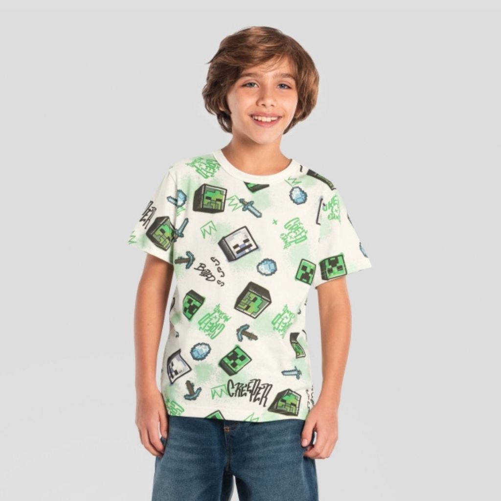 Camiseta Minecraft Estampada Bege Infantil Menino - Brandili