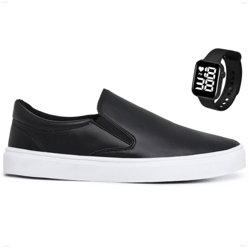 Tenis Sapatenis Slip On Casual Iate Preto Sem Cadarço Calce Fácil Masculino Leve Confortavel + Relogio