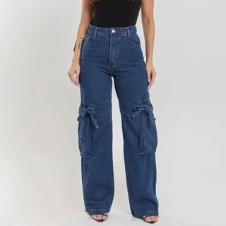Calça Cargo Feminina Moda Jeans Wide Leg Denim Bolso Lado Calça Jeans Básica Tendência Europa