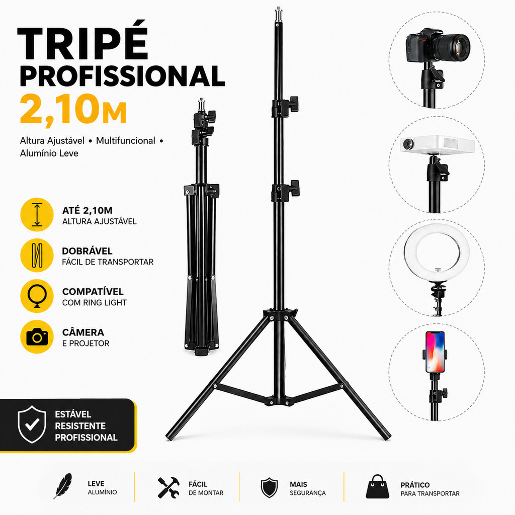 Tripé ajustável para banner com 2,10 metros de altura, adequado para diversos eventos.