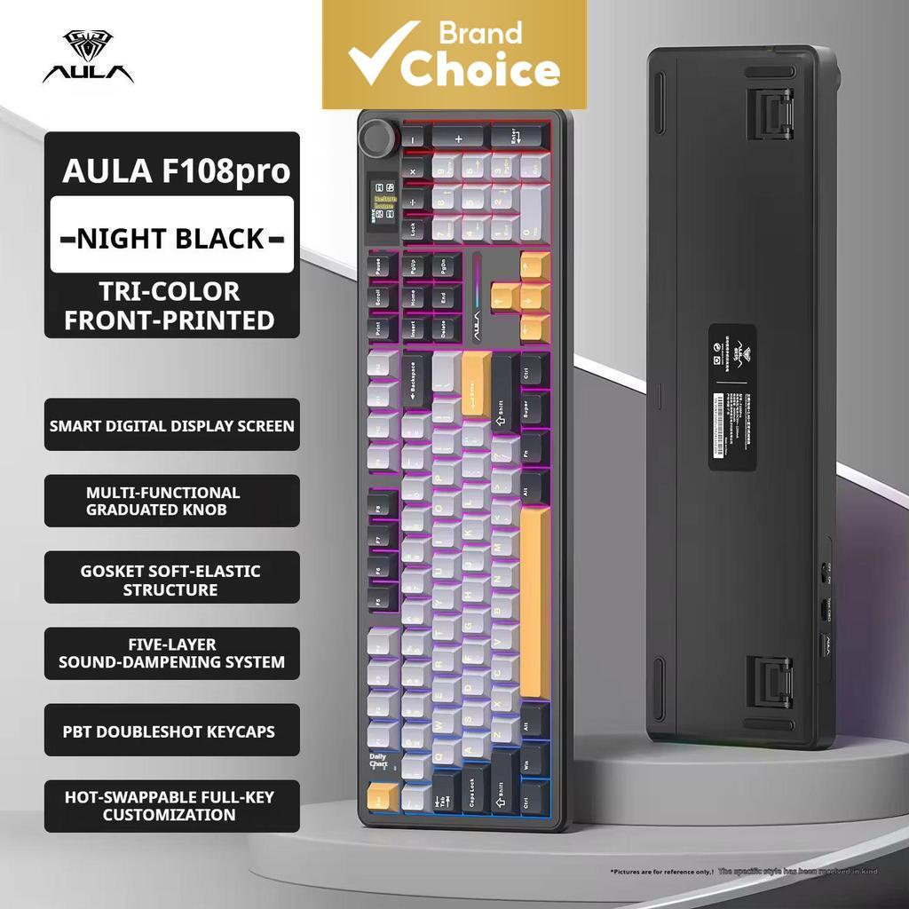 Teclado de Jogos Mecânico Sem Fio AULA F108 PRO, Display Inteligente e Botão de Controle, Interruptores Substituíveis