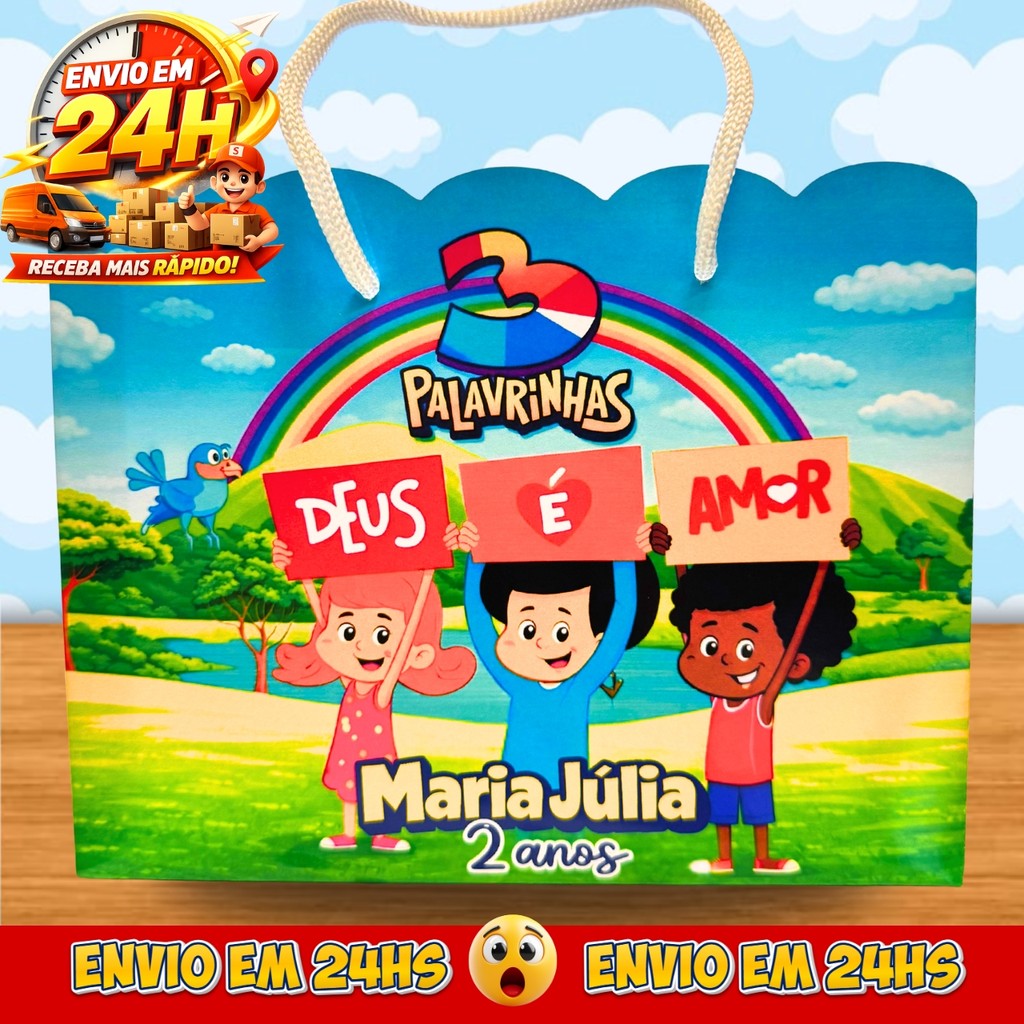Sacolinhas 3 Palavrinhas Personalizadas - Lembrancinhas 3 Palavrinhas Evangélico Infantil Premium com Nome e Idade
