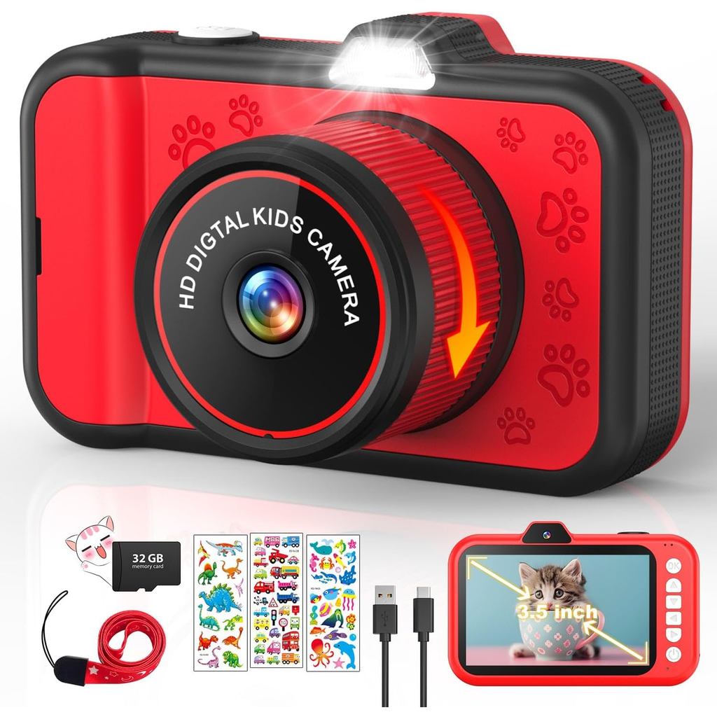 Câmera Infantil CHAKEYAKE, Câmera Digital para Crianças com Lente Zoom Rotativa, Tela Grande de 3,5”, Câmera de Brinqued