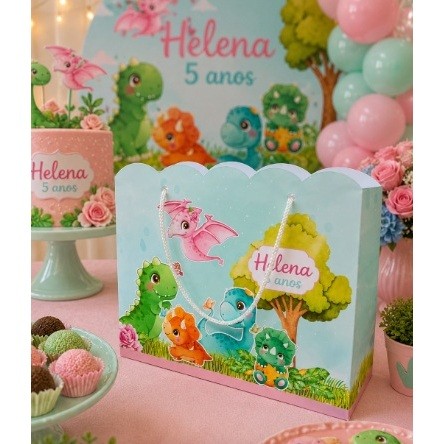 Sacolinha Surpresa Dinossauro Baby Menina Dino Baby Rosa  Personalizado  Lembrancinha Aniversário
