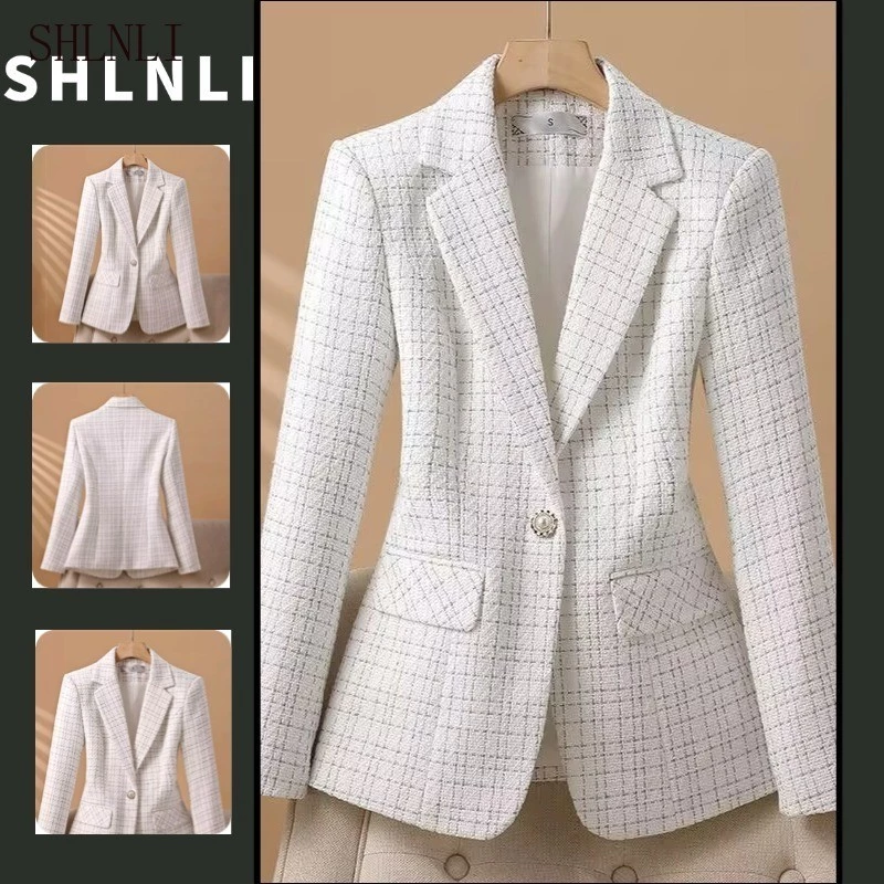 Blazer Feminino De Botão Único Xadrez Tweed Com Lapela Fina E Bolso Para Escritório Jaqueta Formal — imagem 1