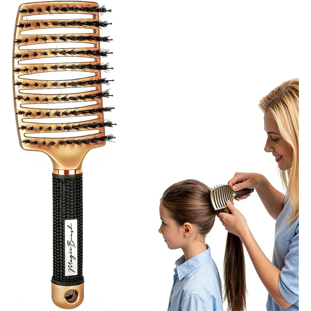 Escova Desembaraçadora Pop Magic para Mulheres e Crianças, Escova de Cerdas de Javali para Secagem com Secador, Cabelo M