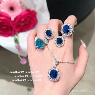 Anel de Flor de Safira do Sri Lanka, Luxuoso Colar de Zircônia Azul Royal com Banho de Ouro 18K