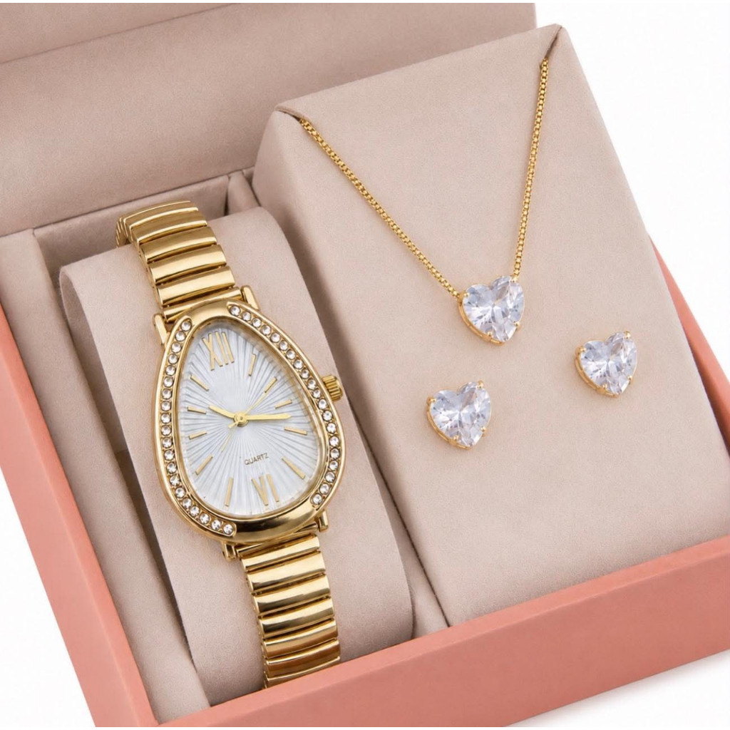 conjunto colar brinco relógio feminino coração banhado ouro presente