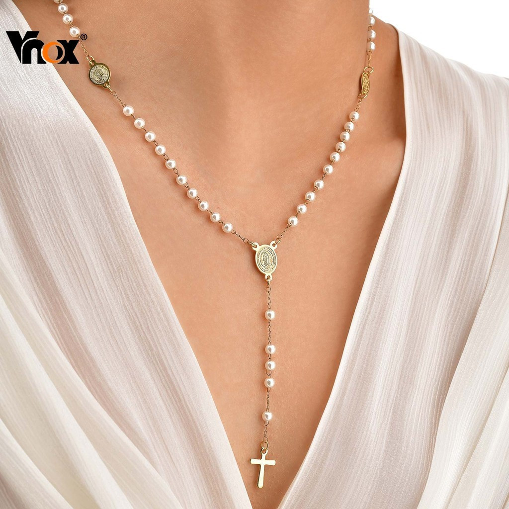 Colar de Pérolas Vnox com Cruz em Y da Virgem Maria e Jesus, Colar Longo de Aço Inoxidável Banhado a Ouro para Mulheres 