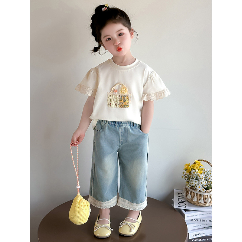 Meninas cesta de flores calças da moda terno verão 2026 novo estilo roupas de verão bebê menina moda crianças de manga c