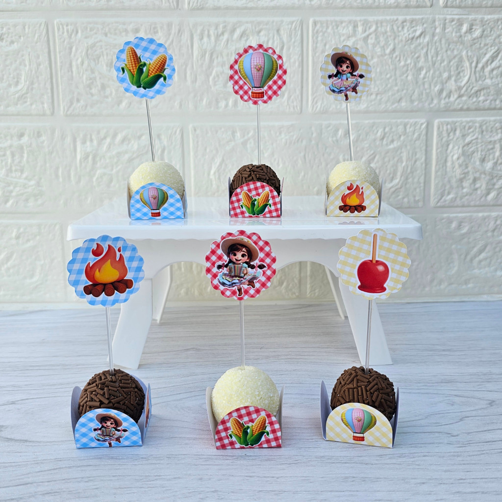 Kit Tags + Forminhas Doces Docinhos Topper Brigadeiro Infantil Festa Junina Arraia - LEIA A DESCRIÇÃO